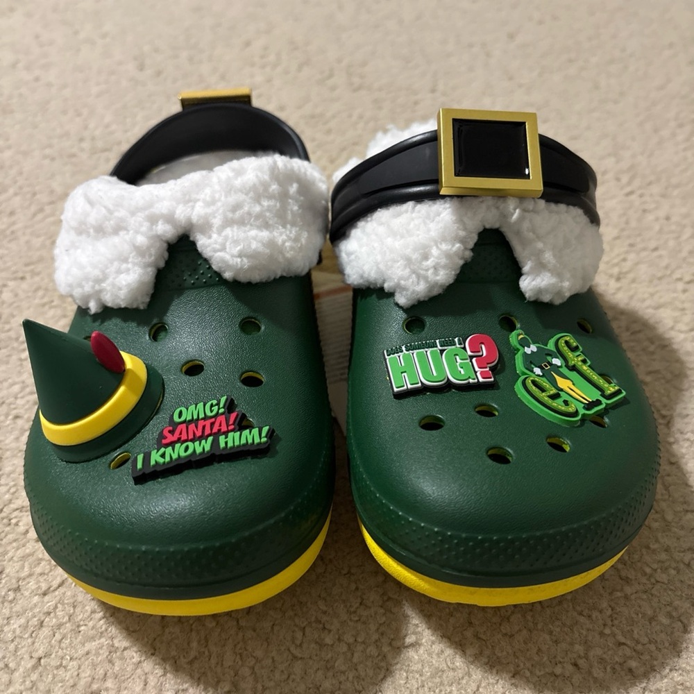 Crocs Buddy The Elf Kids Size 3 Fleece Lined Christmas Clogs Mules Shoes Green - Picture 3 of 11